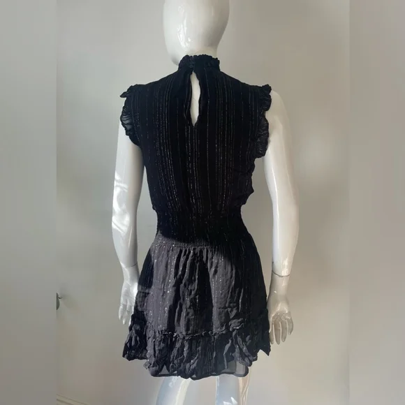 Elan Black Metallic Stripe Ruffle Mini Dress Smocked Waist Size M - Picture 3 of 8